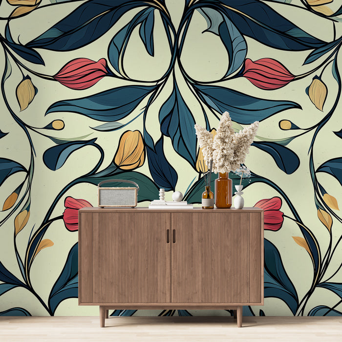 Une pièce moderne avec un papier peint floral aux motifs colorés de fleurs et de feuilles sur fond clair, créant une ambiance fraîche et accueillante.