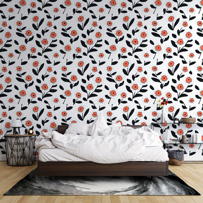 Une chambre moderne avec un papier peint floral aux motifs de fleurs orange et noires sur fond blanc, créant une ambiance joyeuse et accueillante.