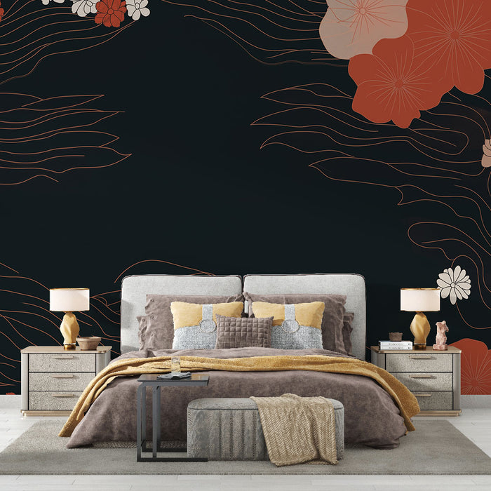 Papier peint floral avec motifs ondulés sur fond noir pour chambre moderne