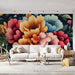 Papier peint floral lumineux avec motif de fleurs colorées sur fond sombre pour salon moderne.