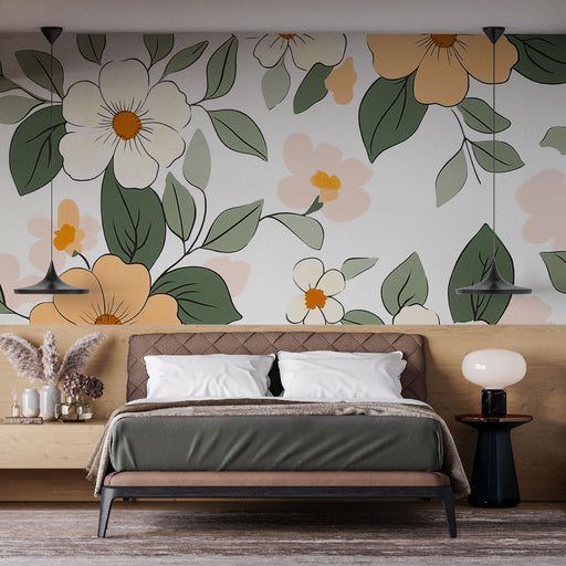 Papier peint floral lumineux avec motif de fleurs et feuillage dans des teintes douces pour chambre moderne