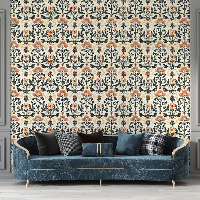 Un salon élégant avec un papier peint floral aux motifs délicats de fleurs orange et bleues sur fond crème, créant une ambiance chaleureuse et accueillante.