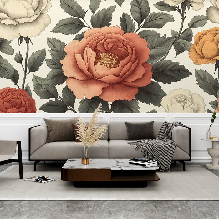 Papier peint floral | Motif luxuriant de pivoines colorées