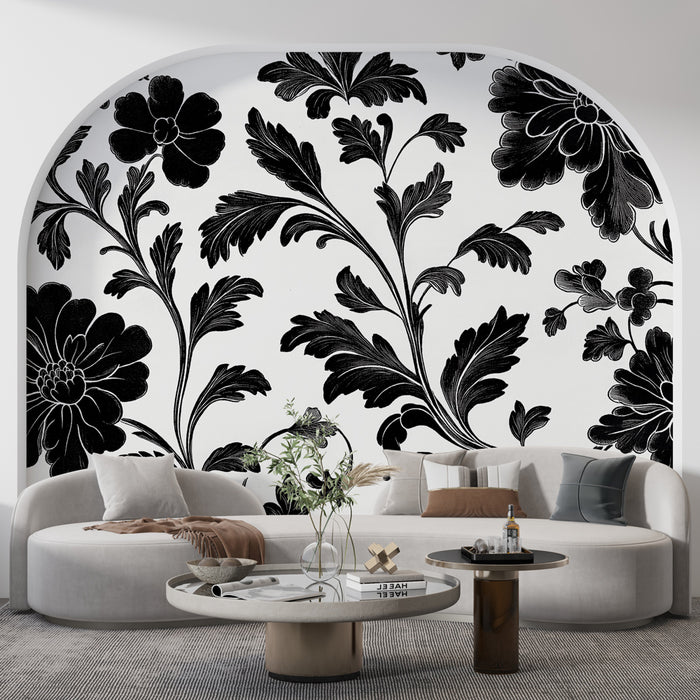 Papier peint floral | Motif noir et blanc élégant