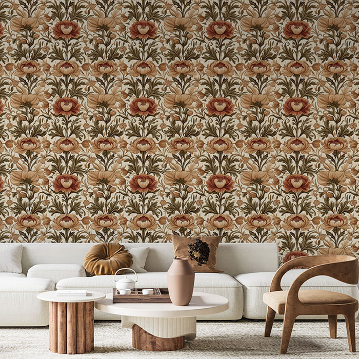 Un salon élégant avec un papier peint floral aux teintes douces de rose et de vert, créant une ambiance chaleureuse et accueillante.