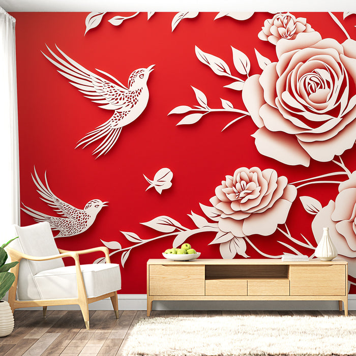 Papier peint floral rouge avec motif de roses et oiseaux en relief pour salon élégant