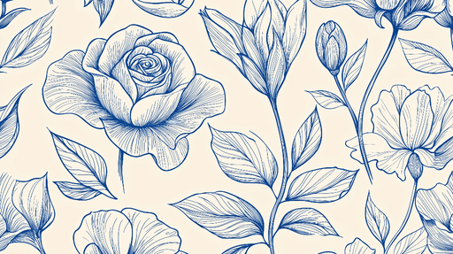 Papier peint floral Motif stylisé de roses et fleurs en bleu