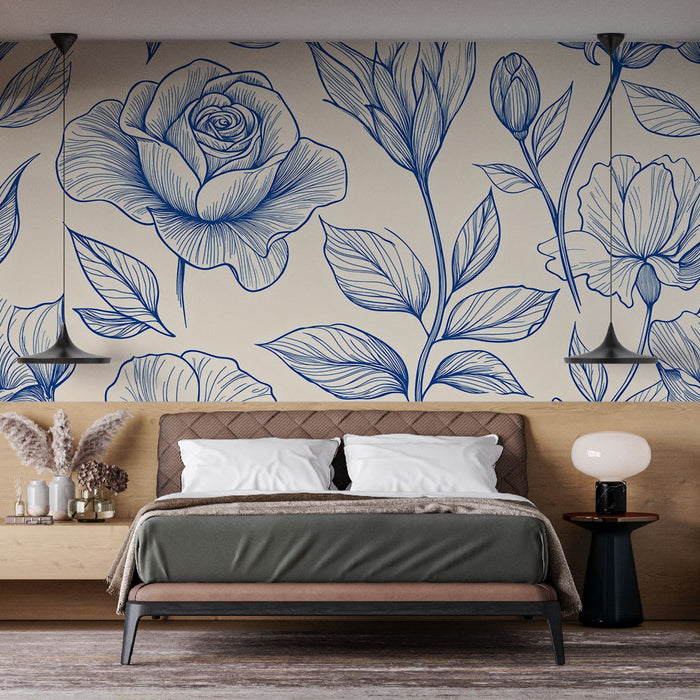 Papier peint floral | Motif stylisé de roses et fleurs en bleu