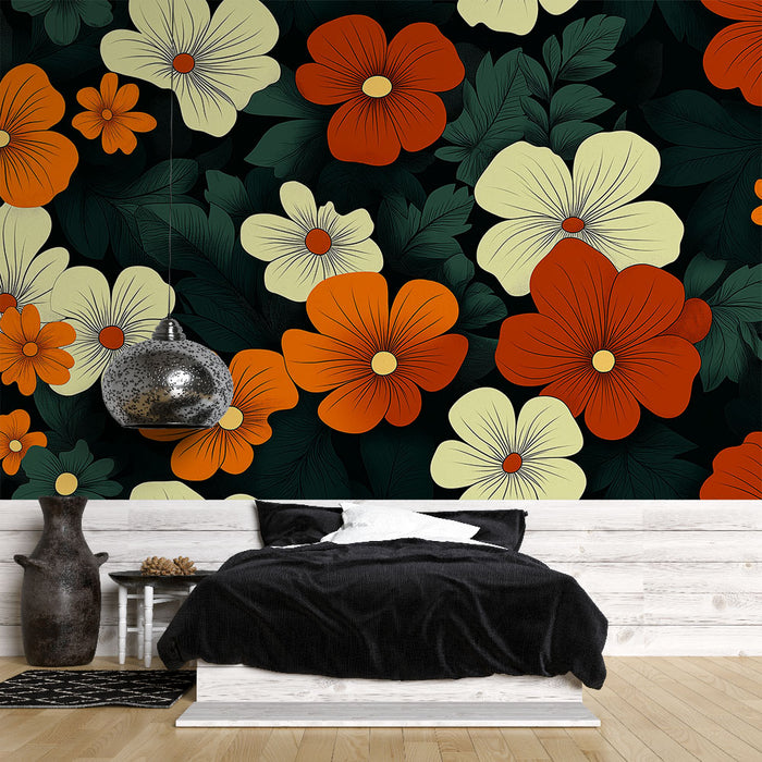 Papier peint floral | Motif vibrant aux couleurs chaudes