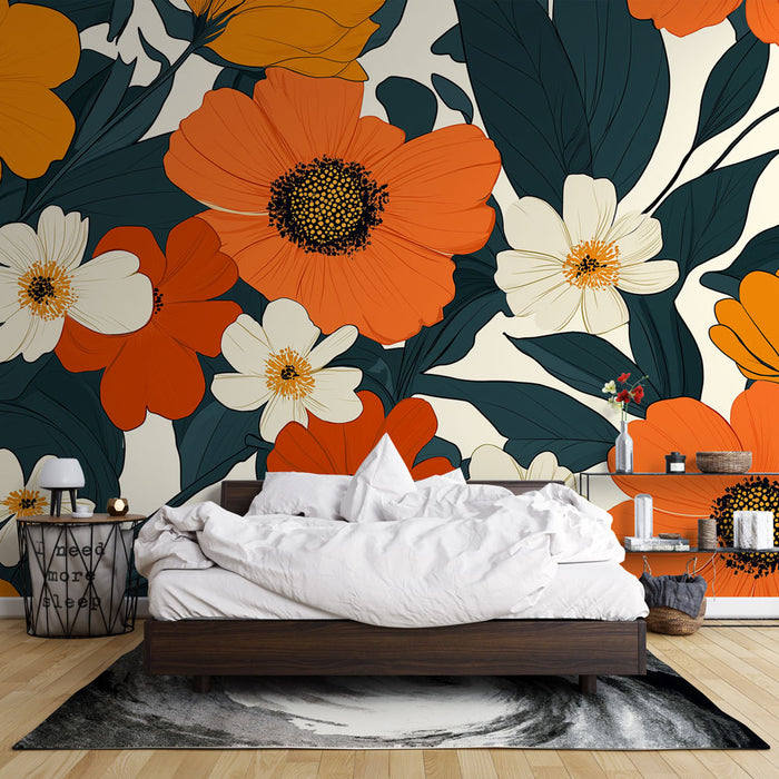 Papier peint floral | Motif vibrant d'orange et de blanc