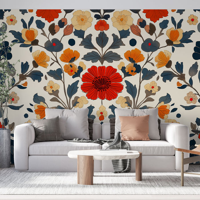 Papier peint floral avec motif vibrant de fleurs colorées sur fond clair pour salon moderne