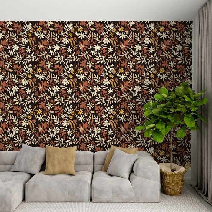 Un salon moderne avec un papier peint floral aux teintes chaudes de brun, beige et rouge, créant une atmosphère accueillante et naturelle.