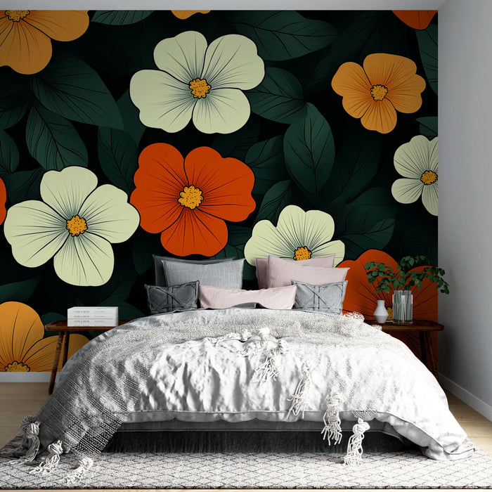 Papier peint floral | Motif vibrant de fleurs sur fond noir