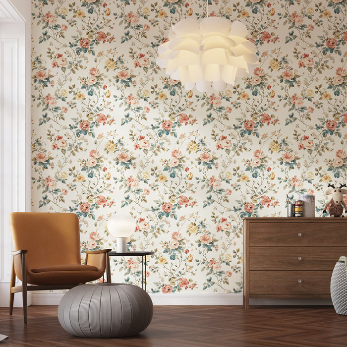 Une pièce de vie élégante avec un papier peint floral aux motifs de roses pastel et feuillages sur fond clair, créant une ambiance douce et accueillante.