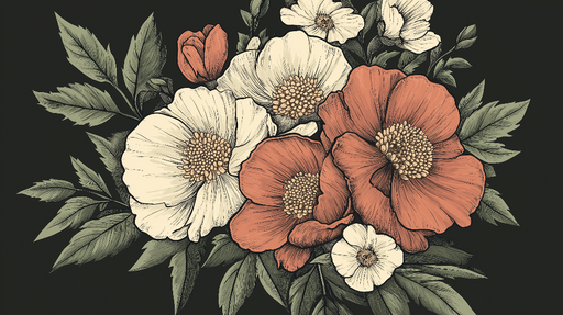 Papier peint floral Motif vintage de fleurs sur fond noir