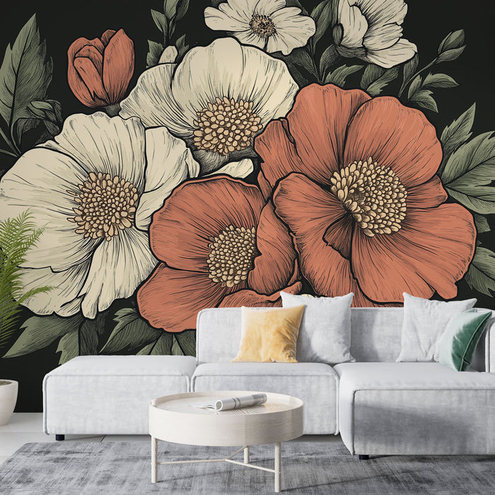 Papier peint floral | Motif vintage de fleurs sur fond noir