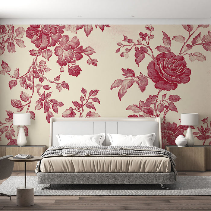 Papier peint floral | Motif vintage en rouge et crème