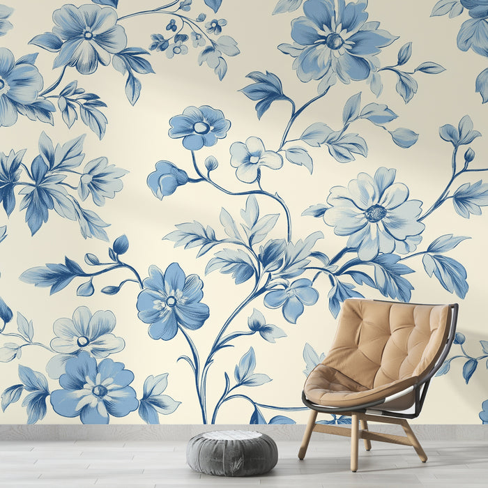 Papier peint floral | Motifs bleus sur fond crème