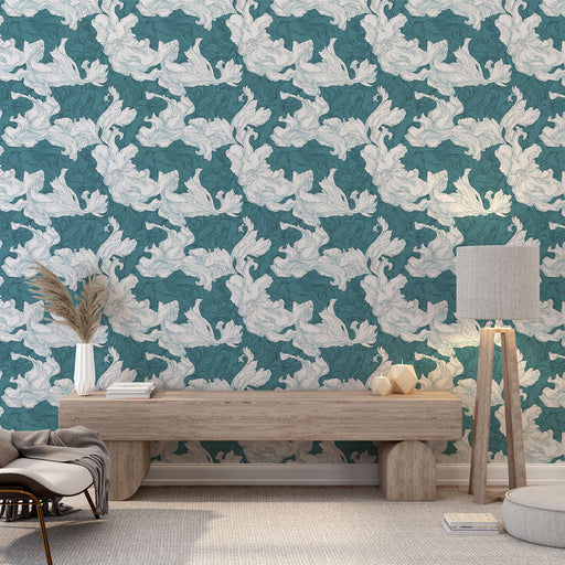 Une pièce moderne avec un papier peint aux motifs fluides et artistiques dans des teintes turquoise et blanche, créant une ambiance dynamique et élégante.