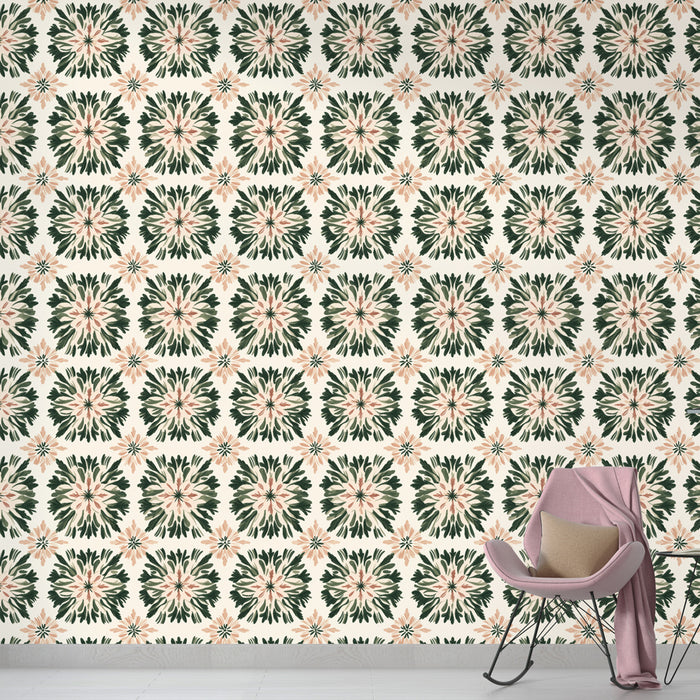 Une pièce moderne avec un papier peint floral aux motifs délicats de fleurs roses et vertes sur fond clair, créant une atmosphère douce et accueillante.