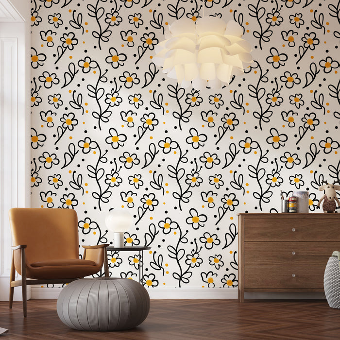 Une pièce moderne avec un papier peint floral noir et blanc agrémenté de touches jaunes, créant une ambiance joyeuse et dynamique.