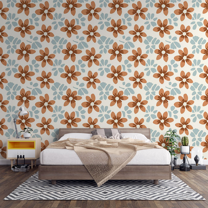 Une chambre moderne avec un papier peint floral aux grandes fleurs marron et bleues sur fond clair, créant une atmosphère chaleureuse et accueillante.