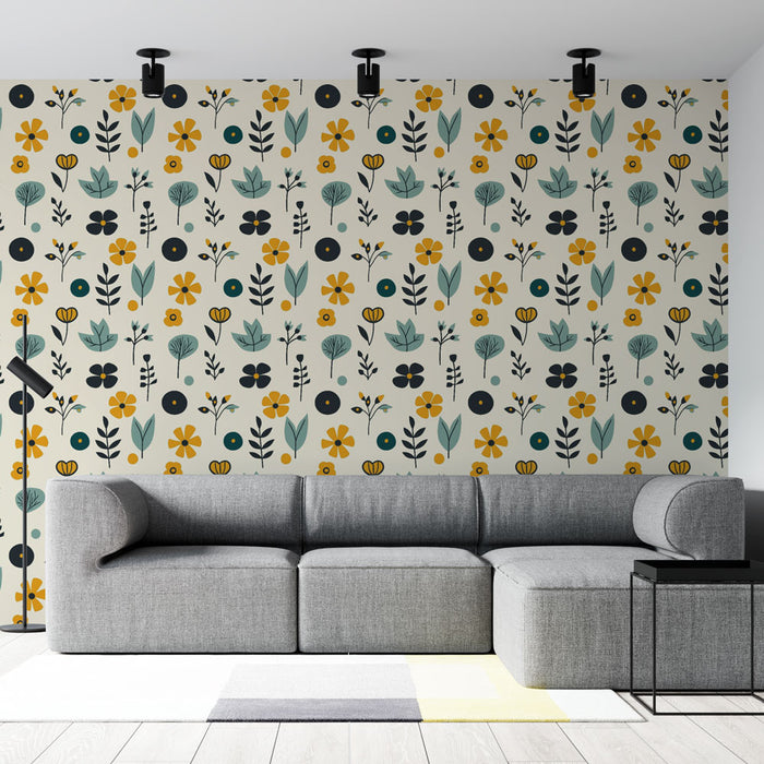 Un salon moderne avec un papier peint floral aux motifs colorés de fleurs jaunes, vertes et noires sur fond clair, créant une atmosphère joyeuse et accueillante.