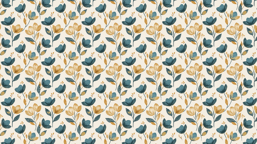 Papier peint floral Motifs de fleurs dans des tons bleus et dorés sur fond clair