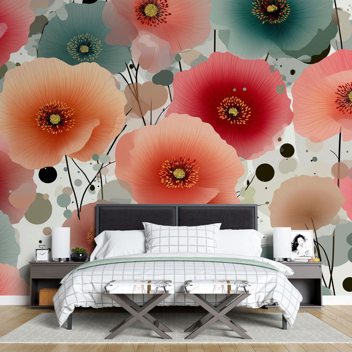 Une chambre moderne avec un papier peint floral aux grandes fleurs colorées, mêlant des teintes de rouge, rose et bleu, créant une atmosphère vibrante et accueillante.
