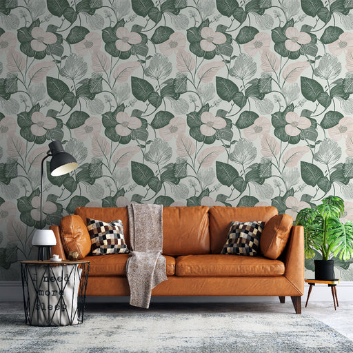 Un salon contemporain avec un papier peint floral aux motifs de grandes fleurs et feuilles vertes sur fond clair, créant une ambiance naturelle et apaisante.