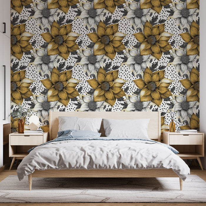 Une chambre moderne avec un papier peint floral aux grandes fleurs jaunes et blanches sur fond noir et blanc, créant une atmosphère dynamique et chaleureuse.