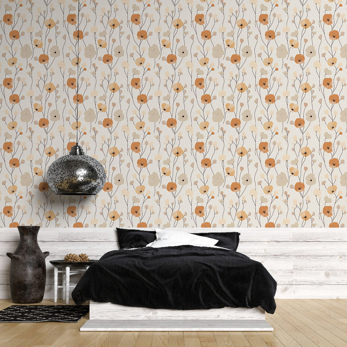 Une chambre apaisante avec un papier peint floral aux teintes orangées et beiges, évoquant une ambiance chaleureuse et naturelle.