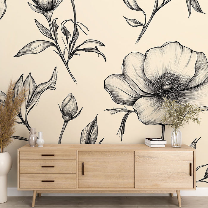 Papier peint floral | Motifs de fleurs en noir et blanc sur fond crème