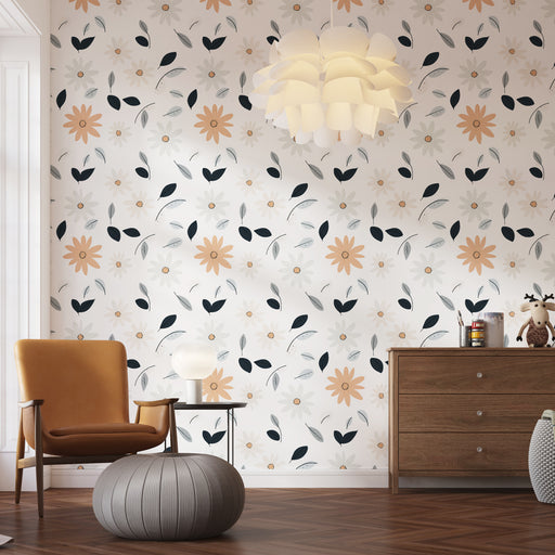 Une chambre moderne avec un papier peint floral aux motifs de fleurs blanches, roses et feuilles vertes sur fond clair, créant une ambiance douce et accueillante.