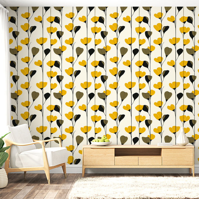 Un salon lumineux avec un papier peint floral aux motifs de fleurs jaunes et feuilles noires et vertes sur fond crème, créant une ambiance joyeuse et moderne.