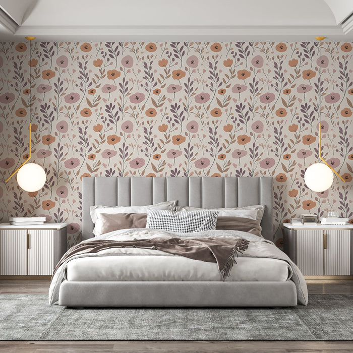 Une chambre élégante avec un papier peint floral aux teintes douces de rose, orange et violet, créant une atmosphère chaleureuse et apaisante.