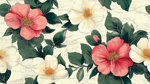 Papier peint floral Motifs de fleurs roses et blanches sur fond marbré