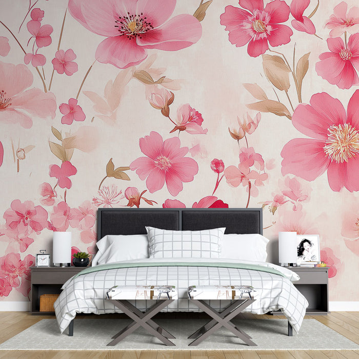 Papier peint floral | Motifs de fleurs roses sur fond clair