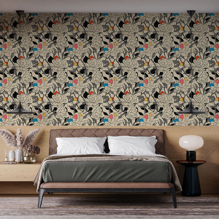 Une chambre moderne avec un papier peint floral aux motifs de fleurs en noir et beige, rehaussé de touches de couleurs vives, créant une ambiance dynamique et chaleureuse.