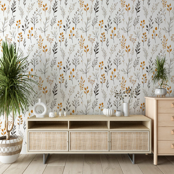 Un salon moderne avec un papier peint floral aux motifs délicats de feuilles et baies dans des teintes de jaune, noir et gris, créant une ambiance chaleureuse et accueillante.