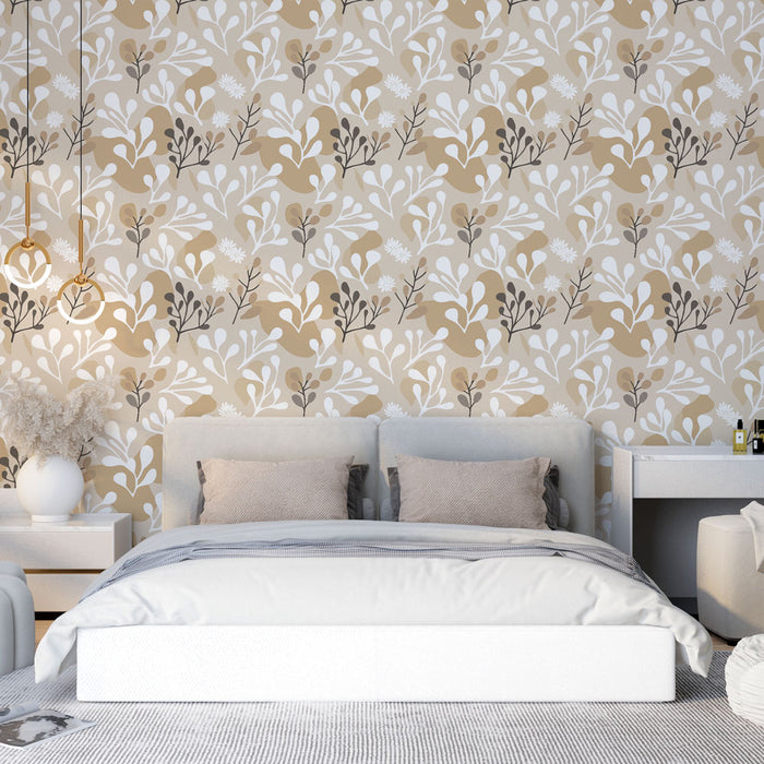 Une chambre moderne avec un papier peint floral aux teintes beige, blanc et noir, créant une atmosphère douce et apaisante.