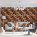 Un salon lumineux avec un papier peint floral aux teintes chaudes d'orange et de crème, créant une atmosphère accueillante et dynamique.