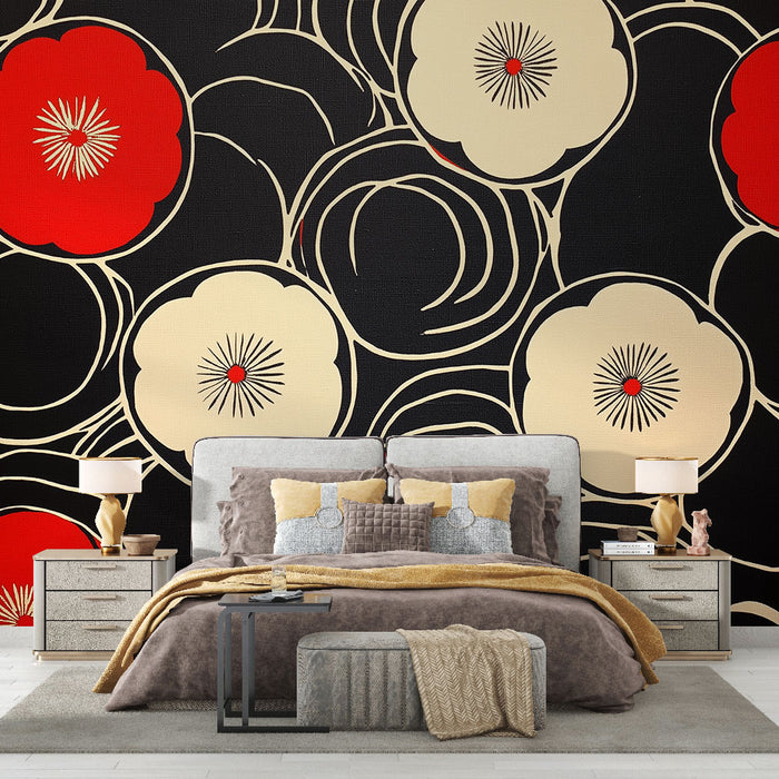 Papier peint floral noir avec motifs géométriques de fleurs rouges et blanches pour chambre moderne.