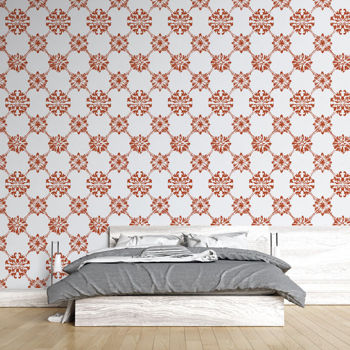 Une chambre moderne avec un papier peint à motifs floraux rouges sur fond blanc, créant une ambiance chaleureuse et accueillante.