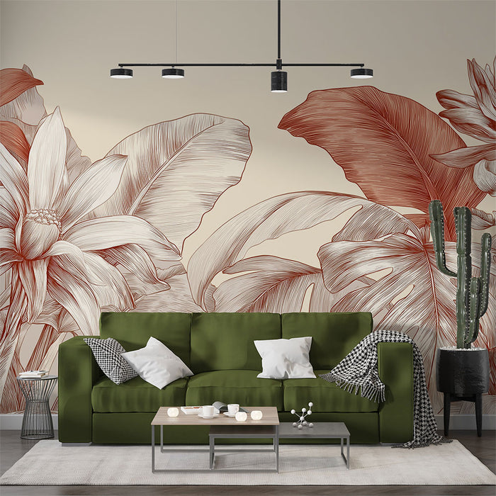 Papier peint floral | Motifs raffinés de fleurs et de feuillages dans des tons chauds