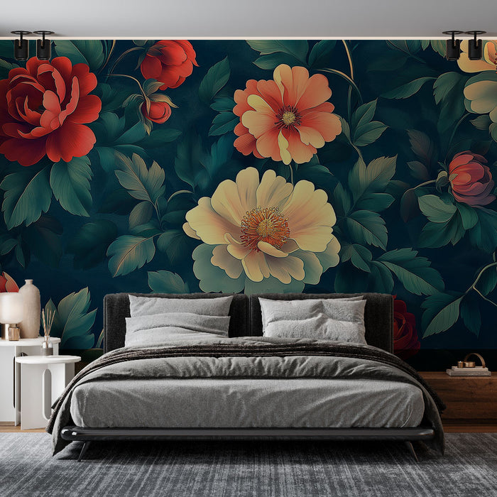 Papier peint floral | Motifs riches de fleurs colorées sur fond sombre