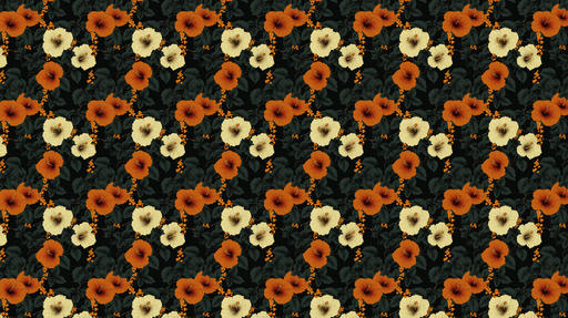 Papier peint floral multicolore Fleurs orange et crème sur fond noir