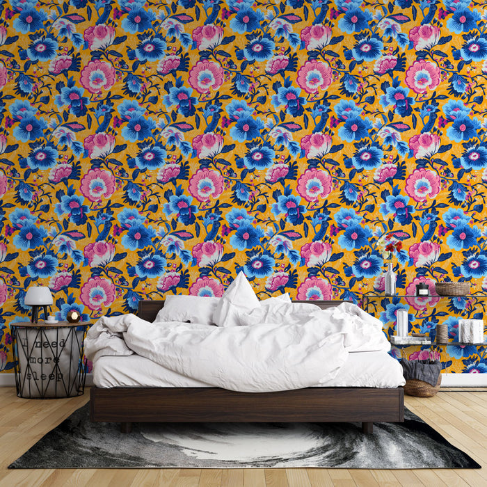 Une chambre accueillante avec un papier peint floral vibrant sur fond jaune, mêlant des roses et des bleus éclatants pour une ambiance joyeuse et dynamique.