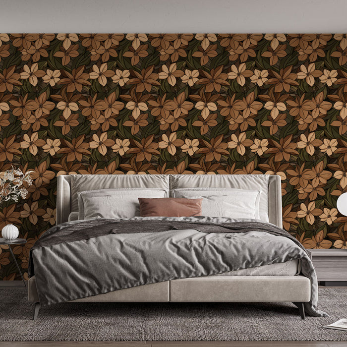 Une chambre élégante avec un papier peint floral aux teintes chaudes de marron et crème, créant une atmosphère chaleureuse et accueillante.