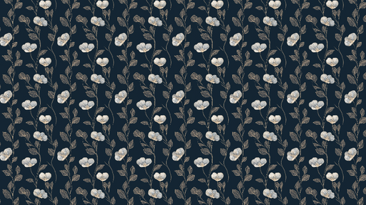 Papier peint floral navy Fleur blanches sur fond bleu nuit avec des feuilles délicates